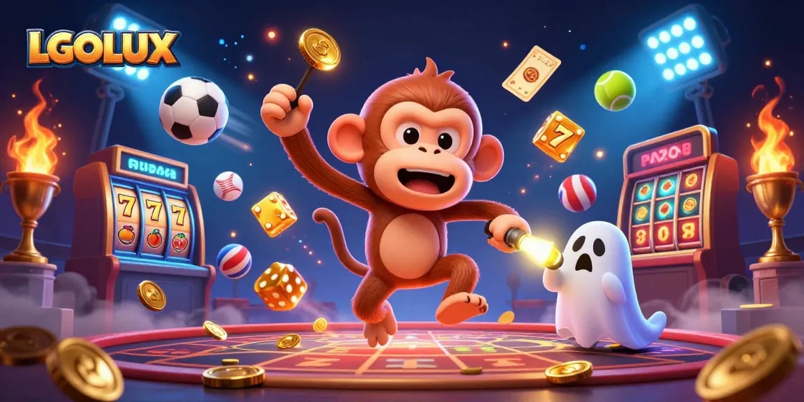 Experience the thrill of LGOLUX with a playful poltergeist monkey juggling golden casino elements in this immersive illustration.
