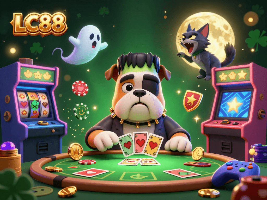Engage in LC88 casino thrills with a Frankenstein bulldog, ghost mouse, and werewolf kitten at a vibrant gaming table.