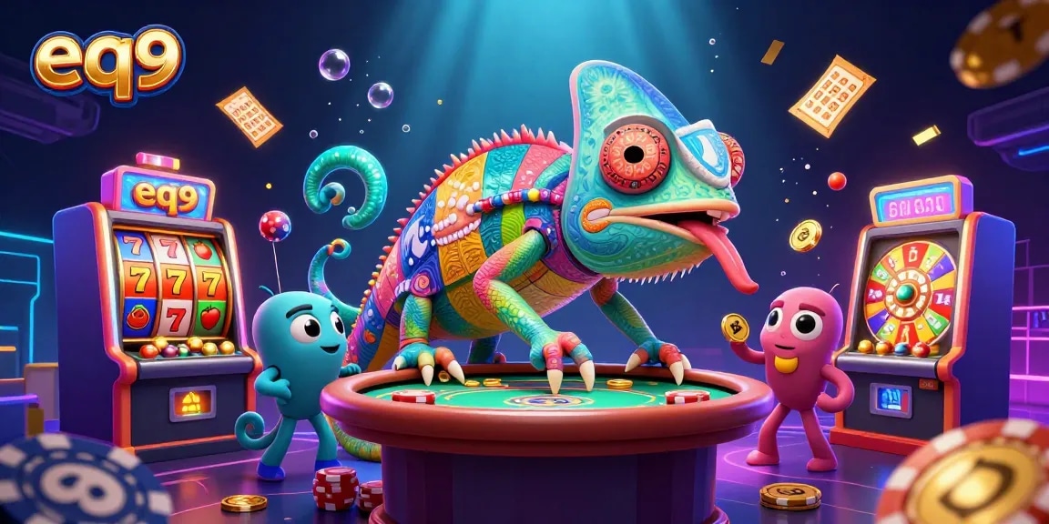 Spin to win at eq9 casino with vibrant games, golden coins, and colorful lively characters.