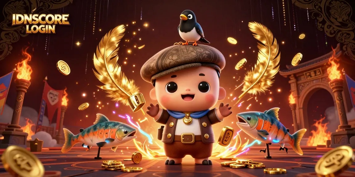 Engage with IDNSCORE LOGIN as cartoon characters celebrate casino action amidst gold coins and vibrant energy