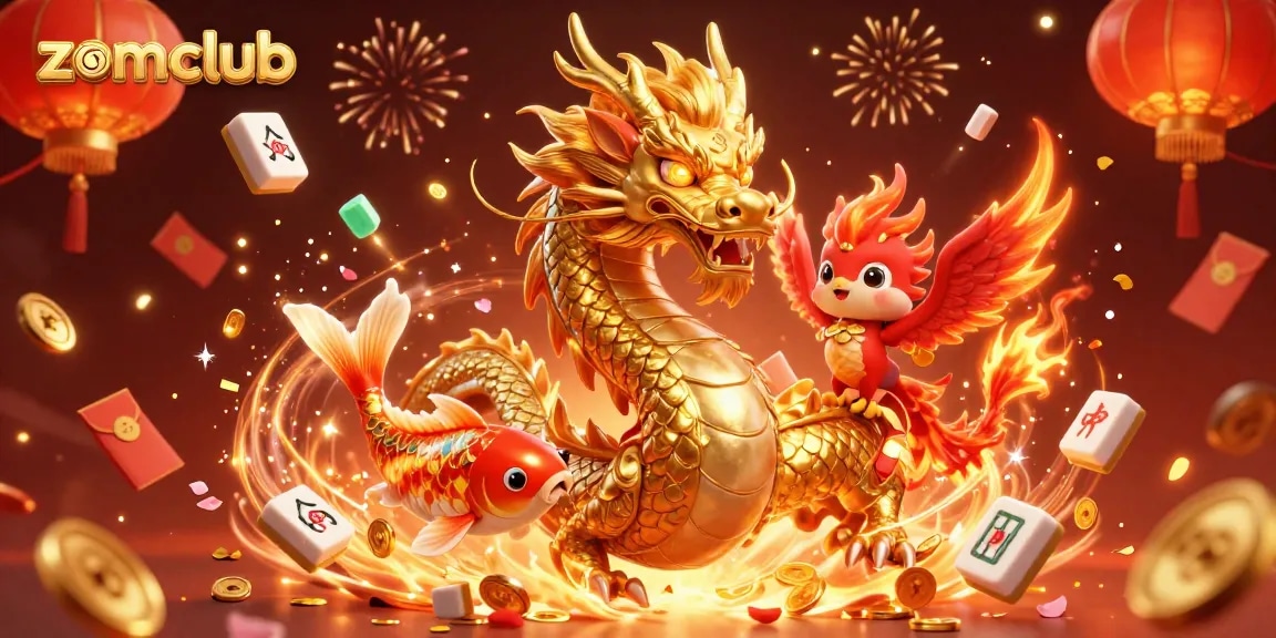 Zomclub offers a thrilling casino experience, featuring a dragon, phoenix, and koi amid shimmering gold coins.