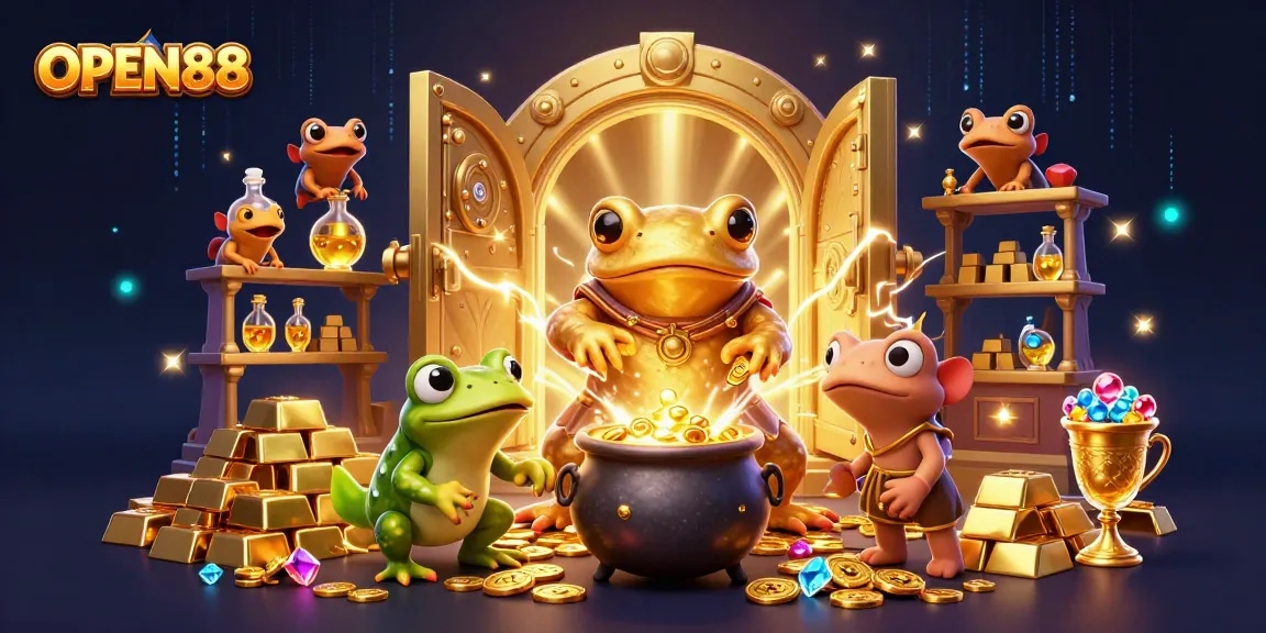 Experience the thrill of winning with OPEN88 in a vibrant 3D casino adventure filled with gold coins and treasures.