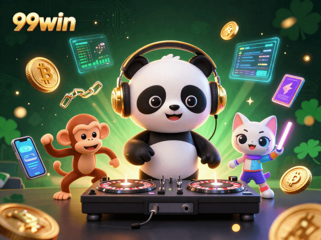 Experience the excitement of 99win with cartoon characters celebrating over a vibrant casino backdrop.