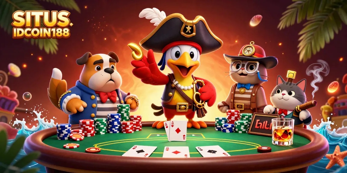 Play at SITUS IDCOIN188 with vibrant poker elements and engaging characters in a thrilling scene.