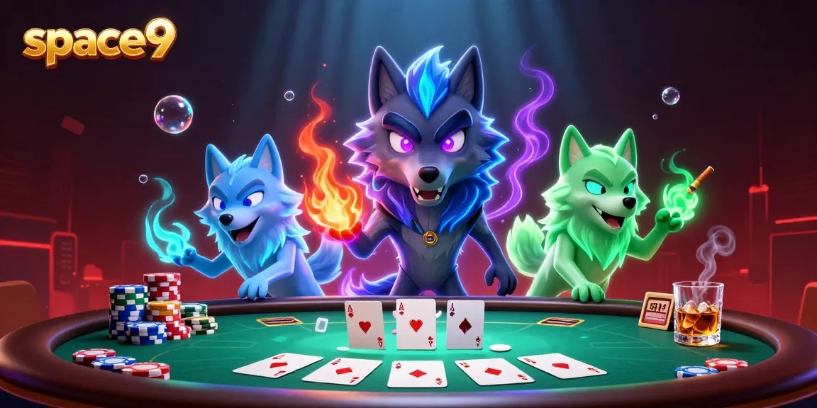 Join the excitement at space9 Casino with a thrilling poker scene featuring ghostly wolves and vibrant gaming elements.