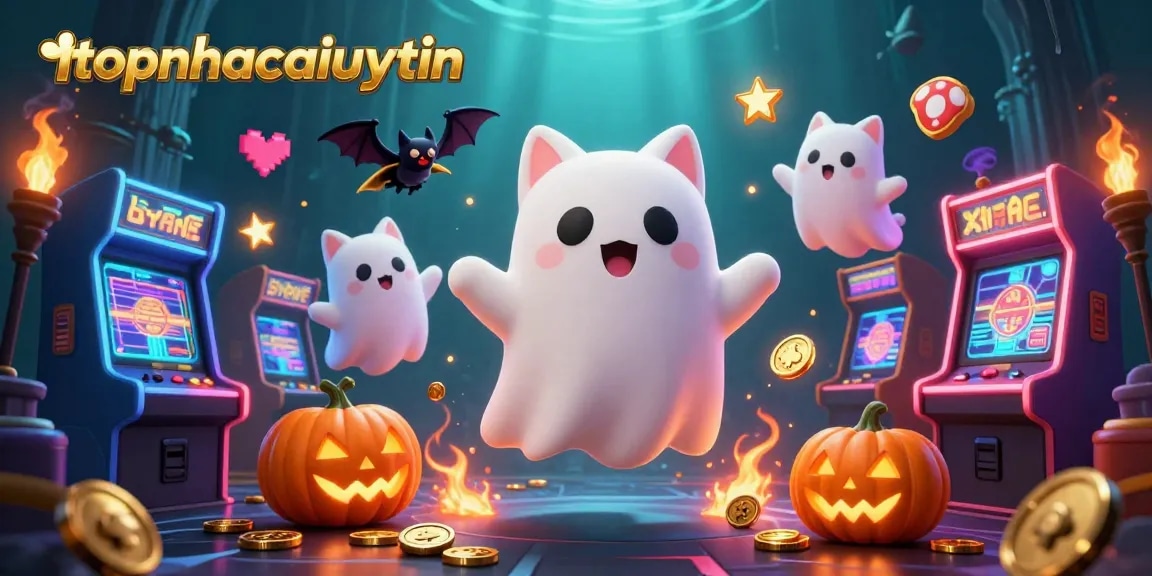 Experience topnhacaiuytin with a lively scene of a friendly ghost cat in a haunted casino, surrounded by engaging gaming elements.