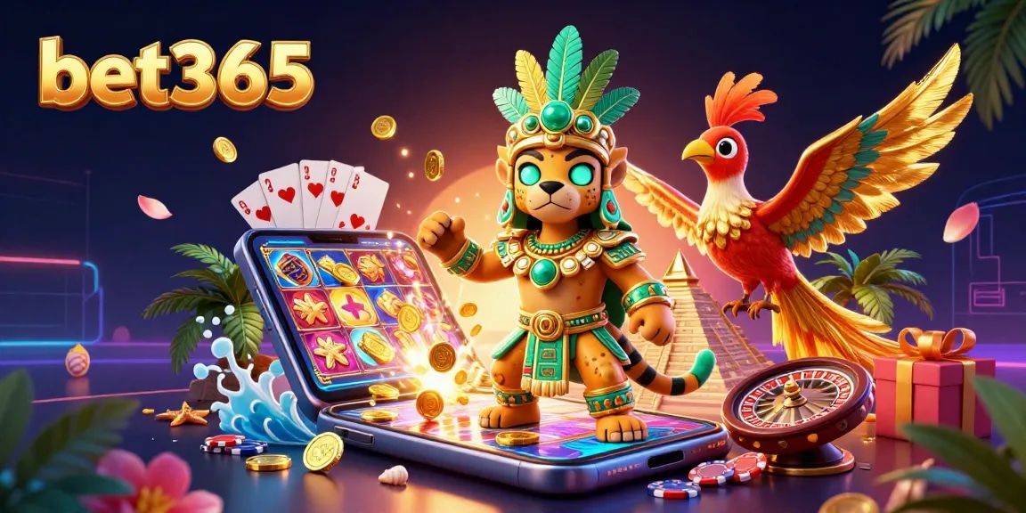Experience thrilling gaming action with bet365's vibrant illustration showcasing jungle elements and slot games.