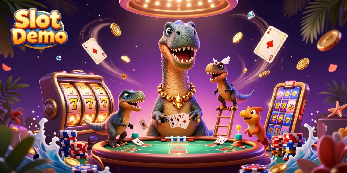 Experience Slot Demo excitement with a whimsical 3D scene featuring vibrant characters and gambling elements.