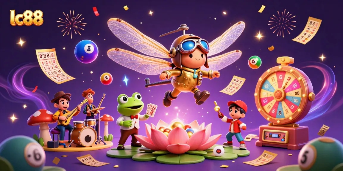 lc88 showcases a vibrant casino scene with a dragonfly pilot, frog croupier, and musical crickets.