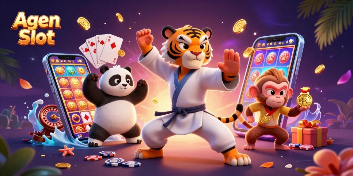 Experience the thrilling world of Agen Slot with dynamic 3D characters and vibrant casino elements.