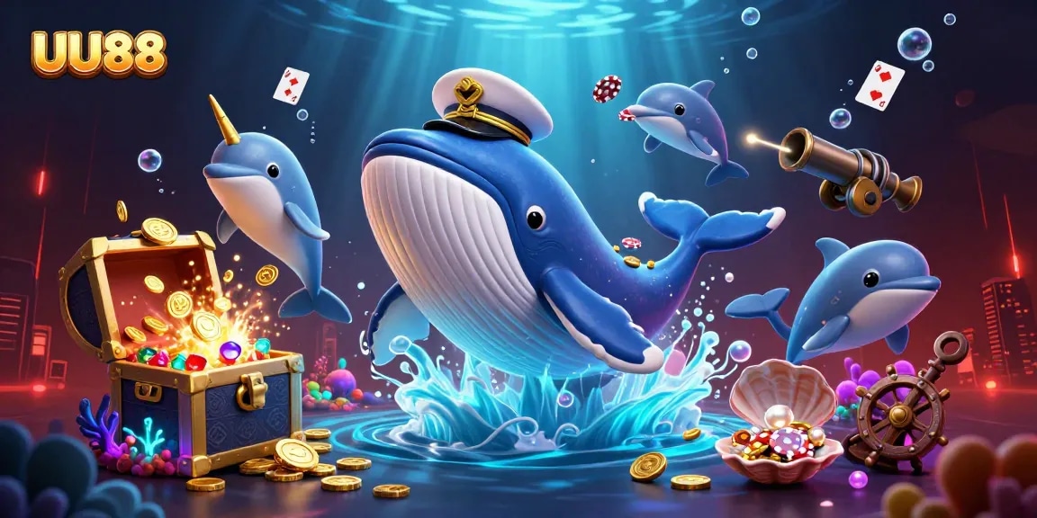 Engage with UU88’s immersive gaming experience featuring a whale, narwhal, and dolphins with coins and cards.