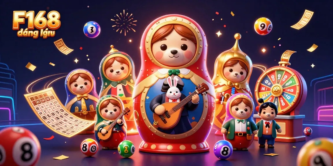 Experience F168 đăng nhập with vibrant casino-themed 3D cartoon illustration featuring lively characters and game elements.