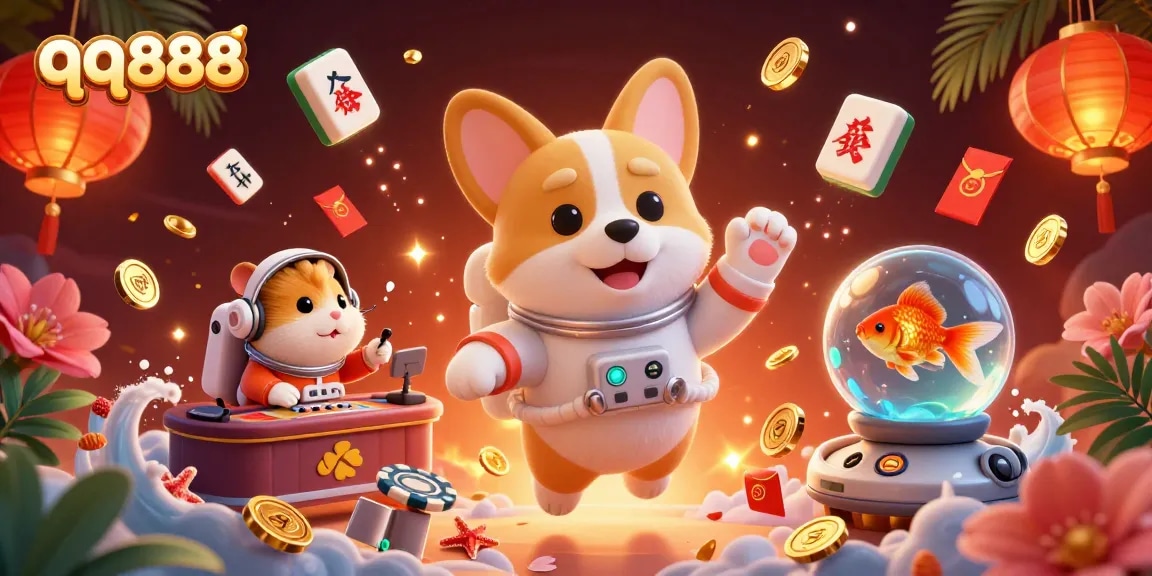 Experience the excitement of qq888 in a vibrant space casino scene with dynamic characters and gaming elements.