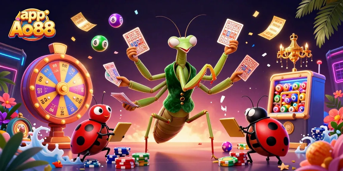 Experience the excitement with app Ao88, featuring vibrant characters and dynamic gambling elements in a captivating casino scene.