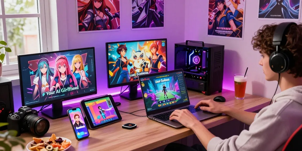 Engaging scene of diverse adult visual novel games highlighting free hentai games on multiple devices in a cozy gaming nook.