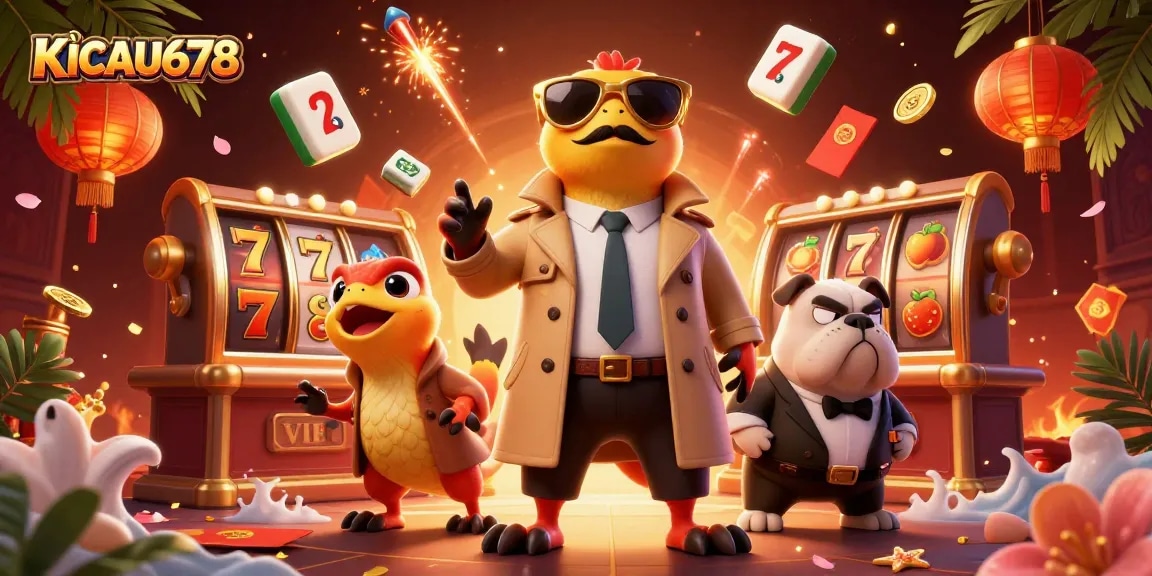 KICAU678 takes you into a whimsical casino scene with raptor characters and slot machines spinning.