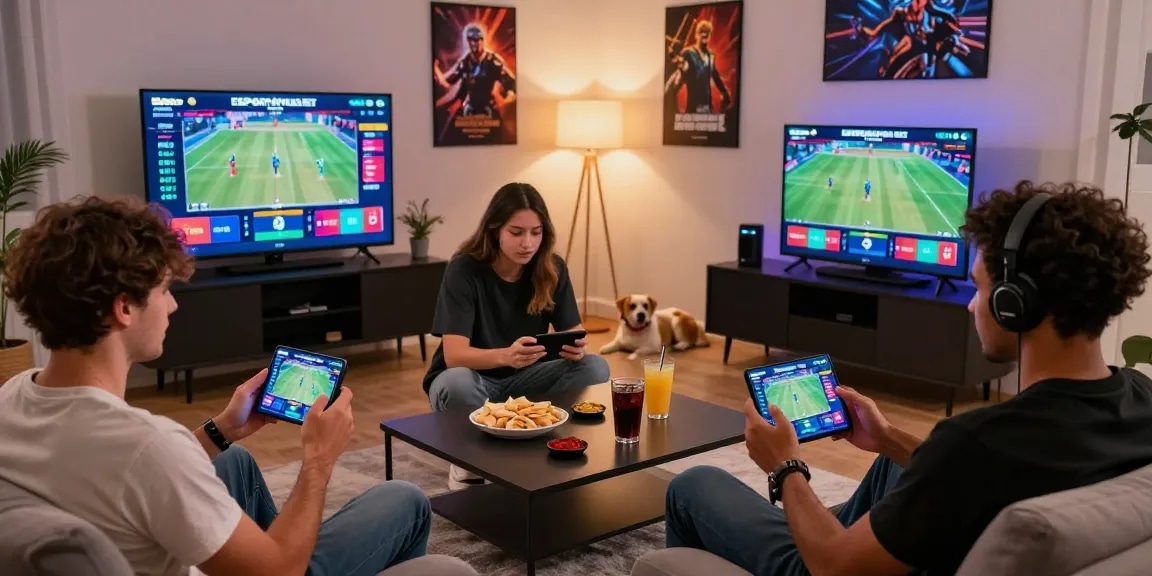 Exciting players enjoying esportiva bet online in a lively living room with screens showing betting options.