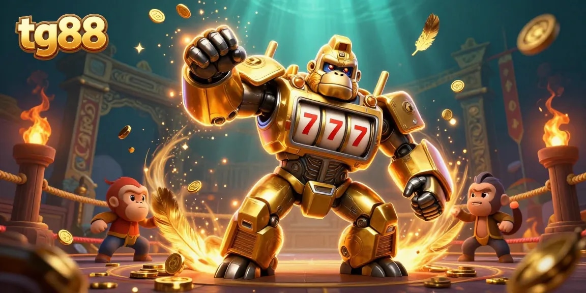 Tg88 casino mech punches upward while showcasing spinning slot reels and explosive action.