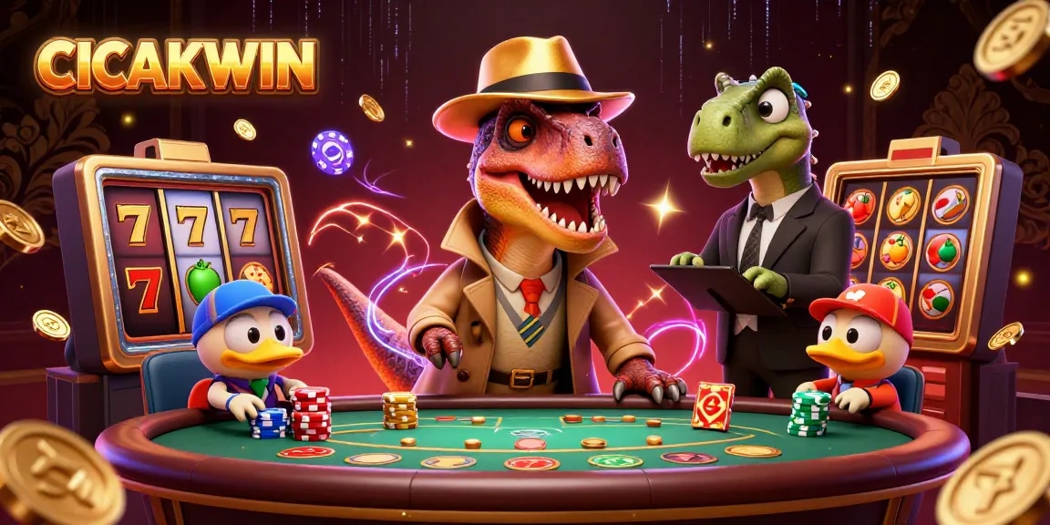 CICAKWIN offers an exciting gaming experience with a thrilling blackjack scene featuring fun characters, a jackpot display, and dynamic visual effects.