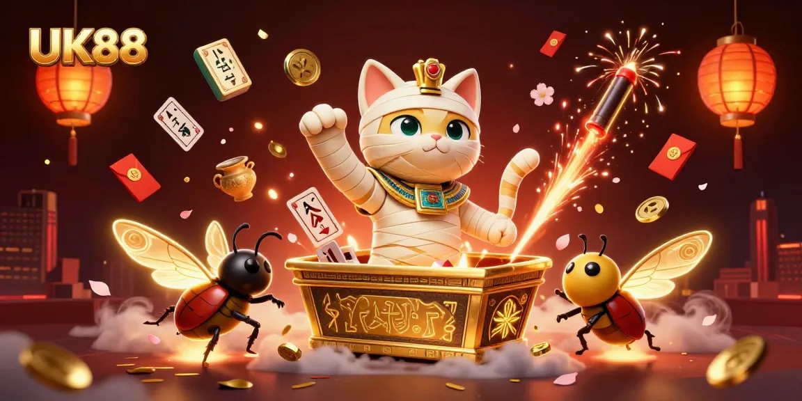 Engage with the exciting casino world of UK88 featuring a glowing mummy cat and dynamic gaming elements.