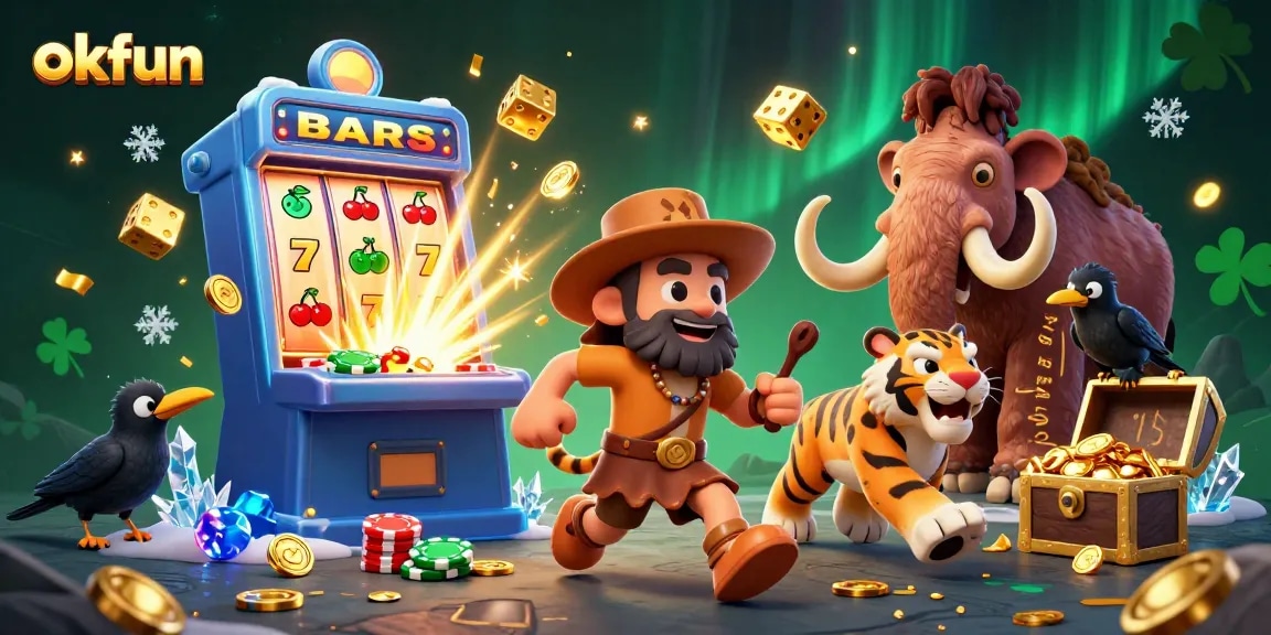 Experience thrilling gameplay at okfun with a lively trio at a prehistoric casino surrounded by vibrant slots and gold.