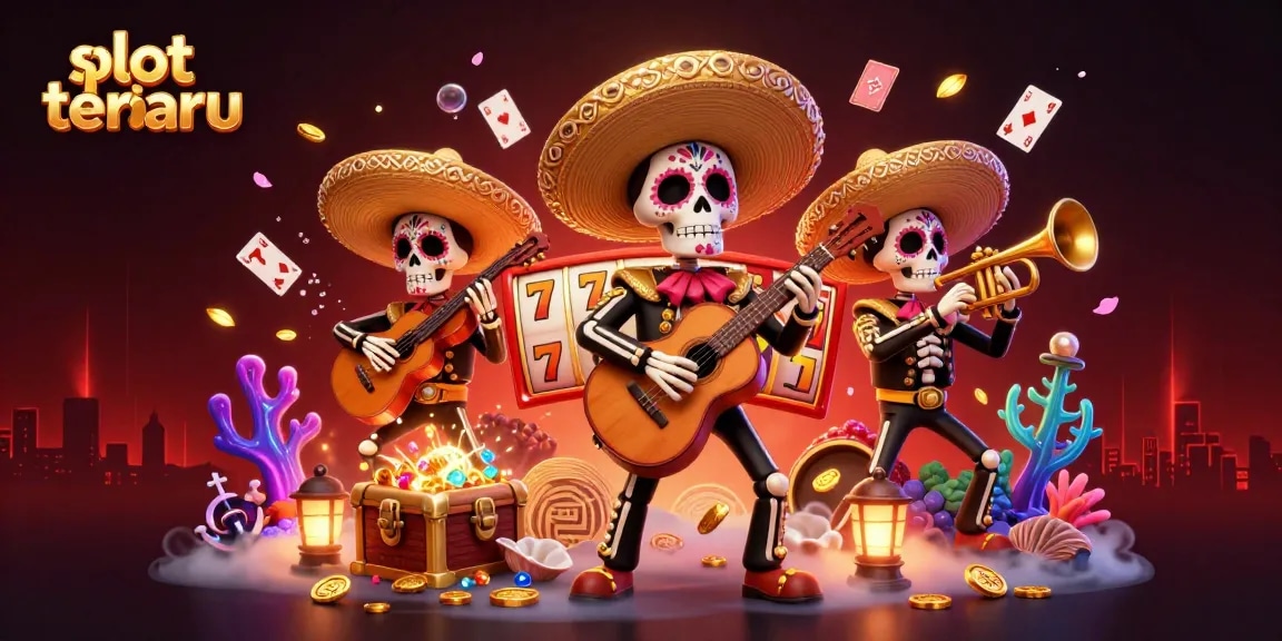 Experience the thrill of slot terbaru with a vibrant Day of the Dead mariachi band illustration featuring stunning casino elements.