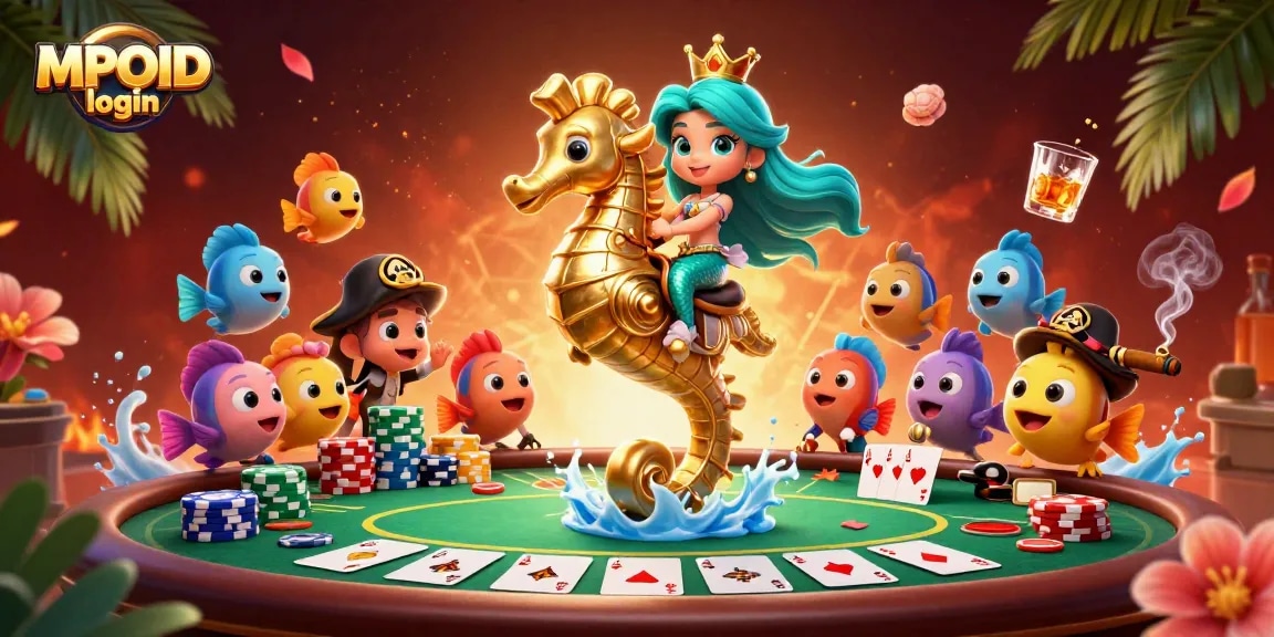 MPOID login to our vibrant online gaming experience with a mermaid princess, seahorse, and poker elements.
