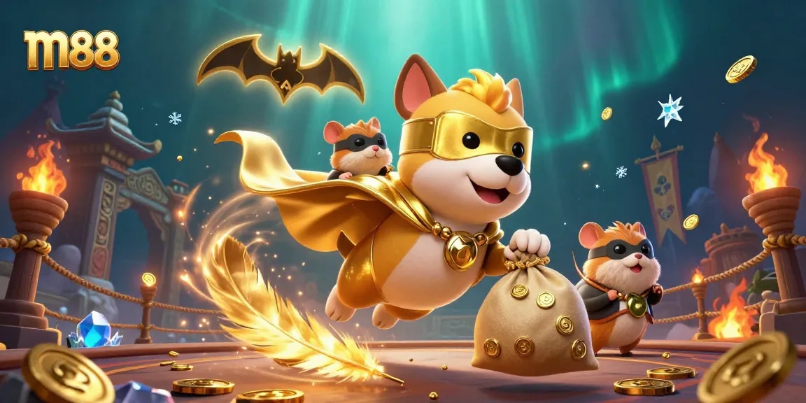 Win big with m88 as a superhero dog flies through a vibrant casino world filled with adventure.