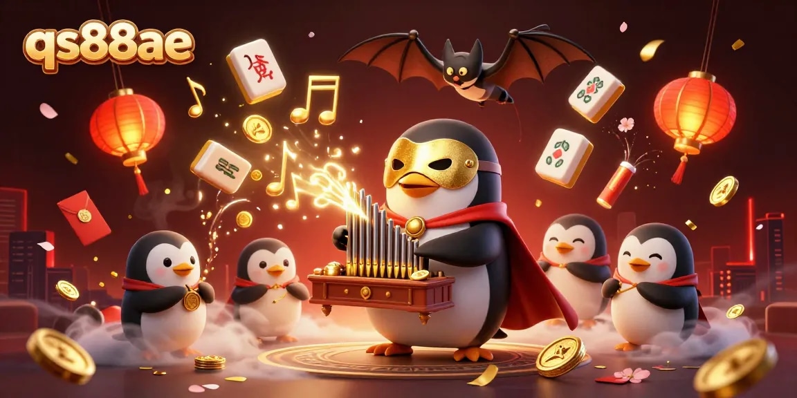 Experience the excitement of qs88ae with a vibrant scene of a penguin and bat amidst golden music notes and festive elements.
