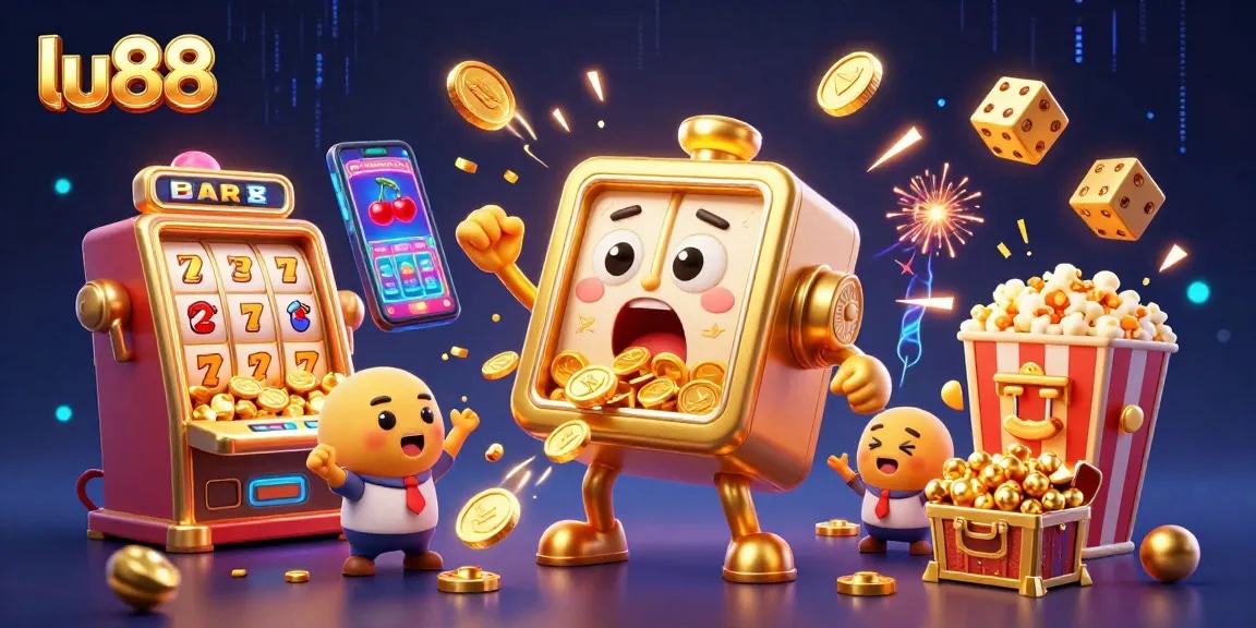 lu88 slot machine winning jackpot as coins explode, with cheering baby slots and games