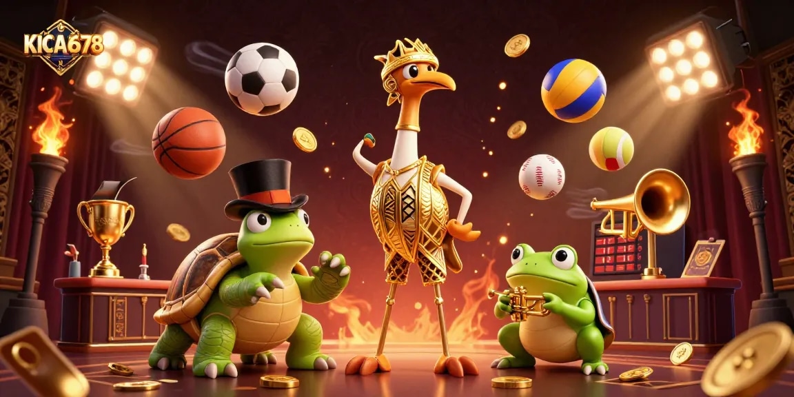 KICAU678 showcases a vibrant and dynamic gaming scene featuring animated characters and sports elements for an online casino.