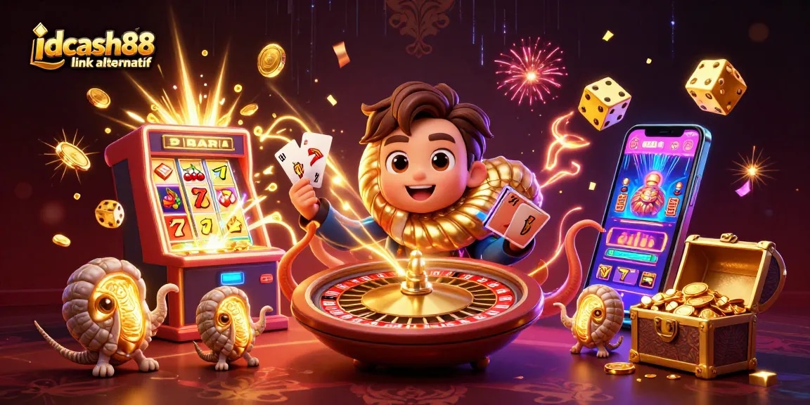Experience thrilling gameplay excitement with idcash88 link alternatif, featuring vibrant 3D casino elements and jackpot symbols.