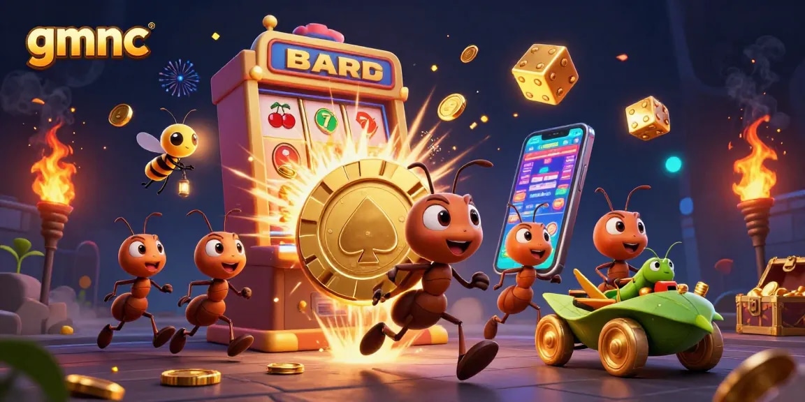 gmnc showcases a heist scene with animated ants and vibrant casino elements, emphasizing fun dynamics.