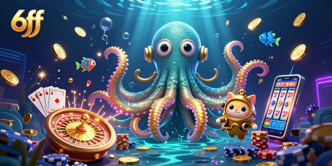 Experience thrilling gaming at 6ff with a vibrant casino scene featuring a kraken, a diving cat, and rich elements.