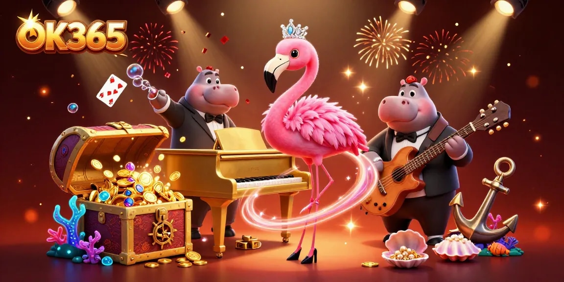 Experience the excitement of OK365 with vibrant characters and casino elements in a dynamic scene.