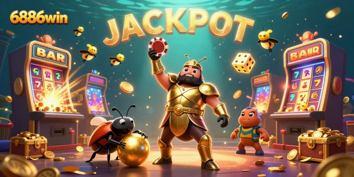 Experience the excitement of 6886win as the victorious beetle lifts a poker chip amidst a jackpot explosion in an underwater casino