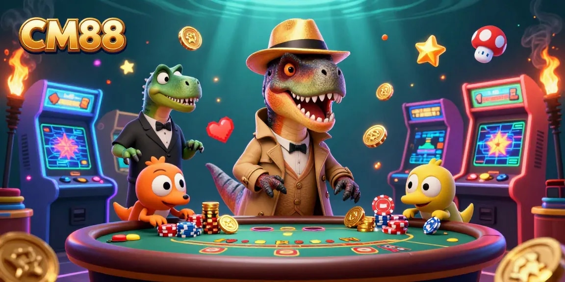 Experience the thrilling world of CM88 with a cartoon velociraptor as a card counter in a vibrant casino scene.