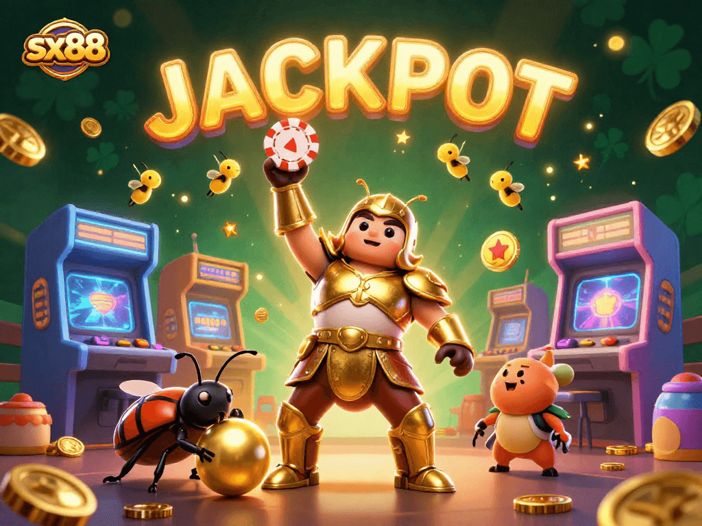 Experience the excitement of sx88 with vibrant casino elements and a victorious hercules beetle in golden armor.