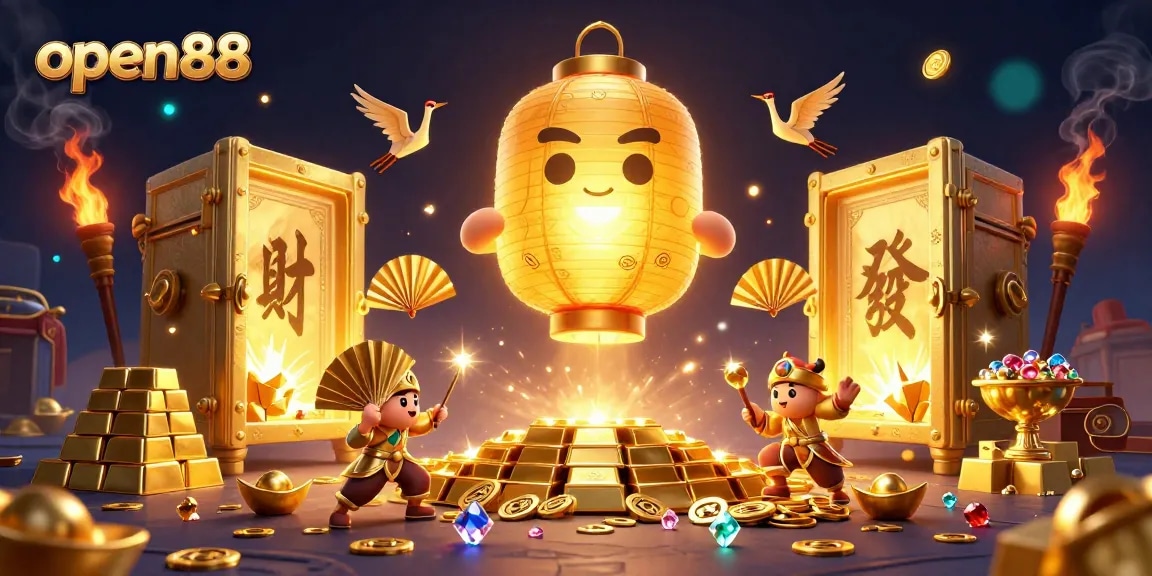 Experience the excitement of open88 with a dazzling golden lantern spirit amidst casino treasures and symbols.
