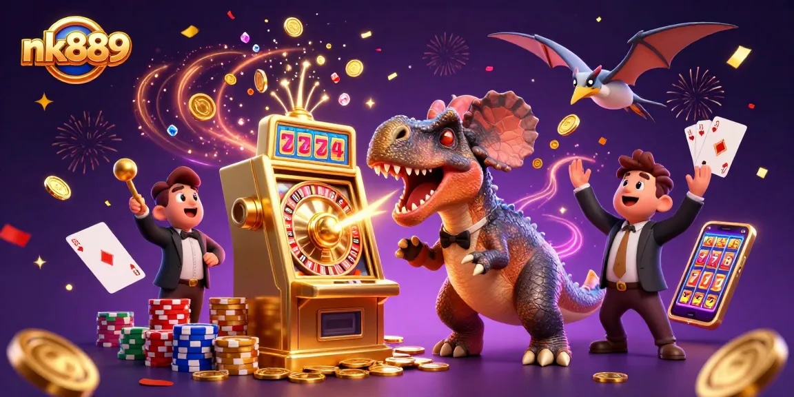 nk889 brings excitement with a cartoon pachycephalosaurus hitting a slot machine jackpot!