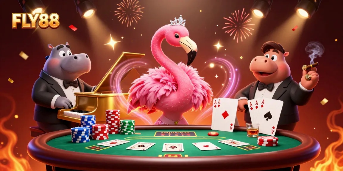 Experience the thrill at FLY88 with animated casino elements and vibrant characters.