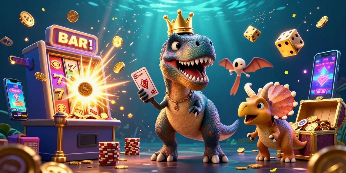 Join the excitement at Daftar IDNSCORE with slots and colorful casino games, featuring a T-Rex shuffling cards.