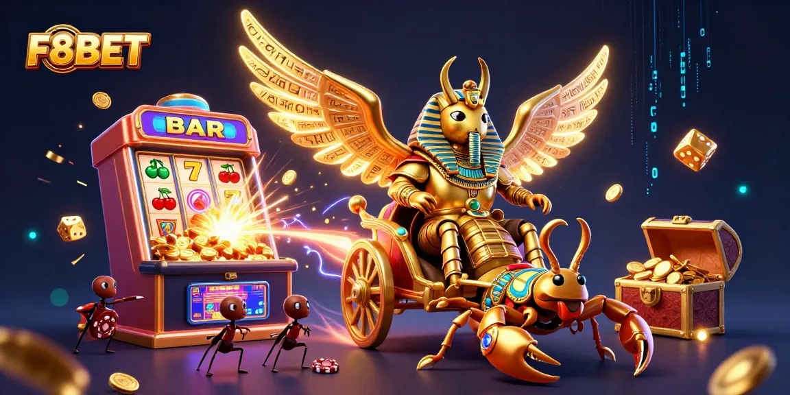 Experience thrilling gameplay at F8BET with a vibrant 3D casino scene featuring a golden scarab and exciting game elements.