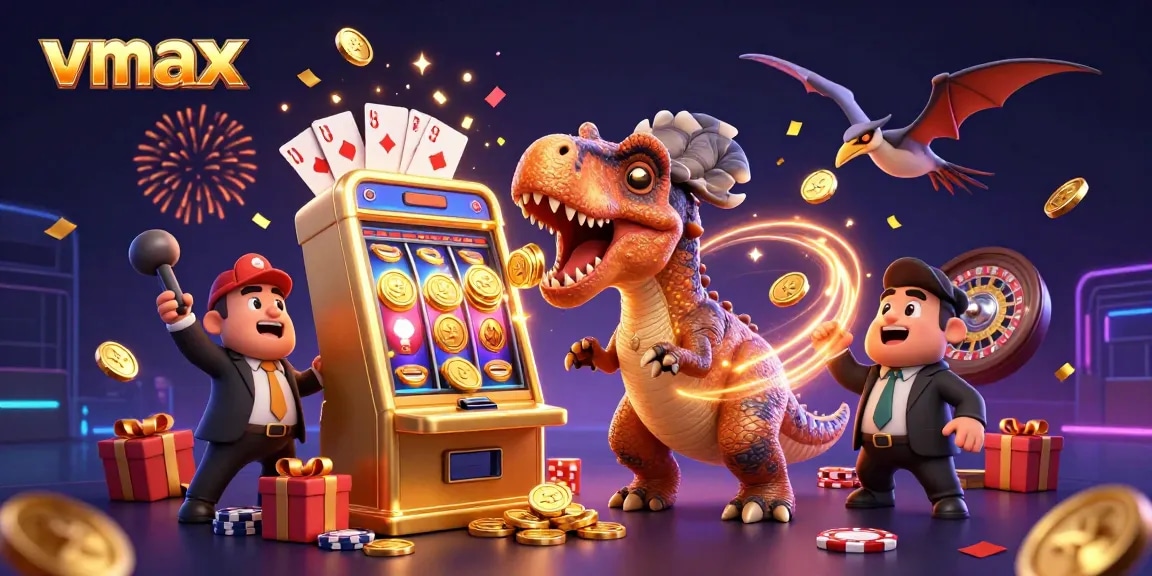Vmax casino scene with a dinosaur winning against a slot machine, coins flying.