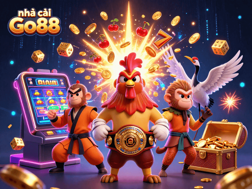 Engage with thrilling gaming action at nhà cái Go88, featuring vibrant 3D characters and slot machine excitement.