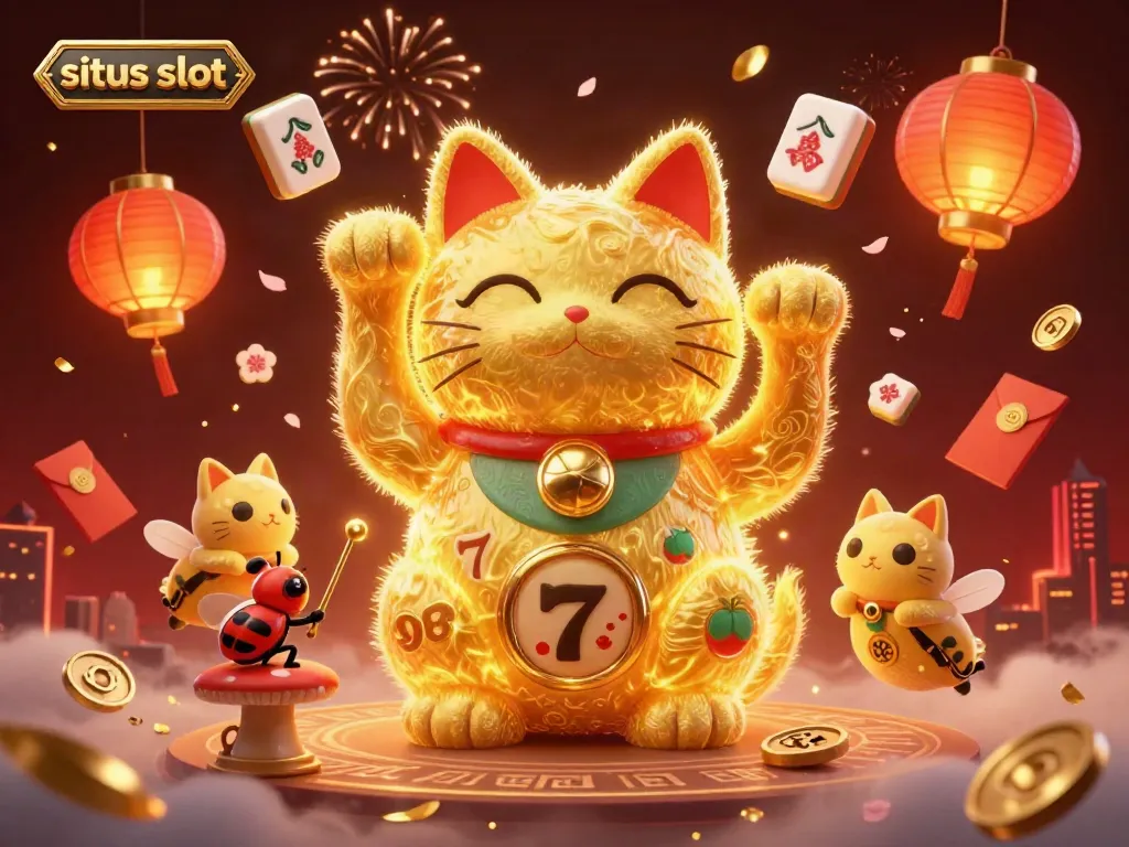 Situs slot illustrated with a giant lucky cat made of golden fireflies surrounded by casino symbols.