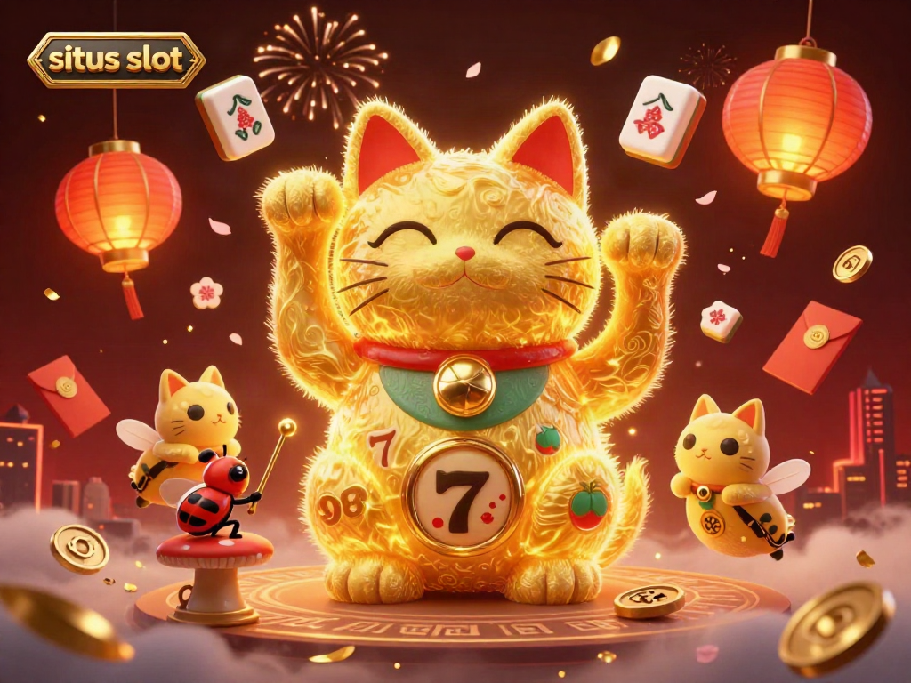 Situs slot illustrated with a giant lucky cat made of golden fireflies surrounded by casino symbols.