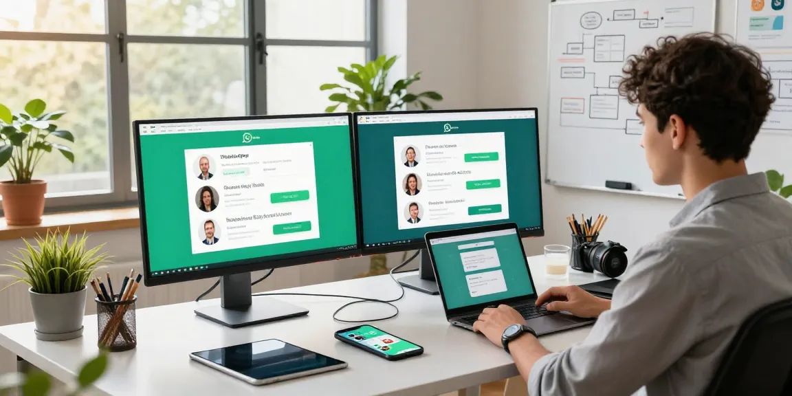 Professional workspace showcasing WhatsApp網頁版 on dual monitors with an engaged user, vibrant atmosphere and tech gadgets.
