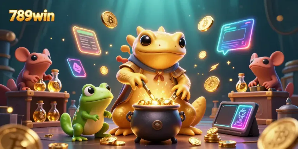 Experience the vibrant magic of 789win with golden alchemical transformations and crypto themes in a casino setting.