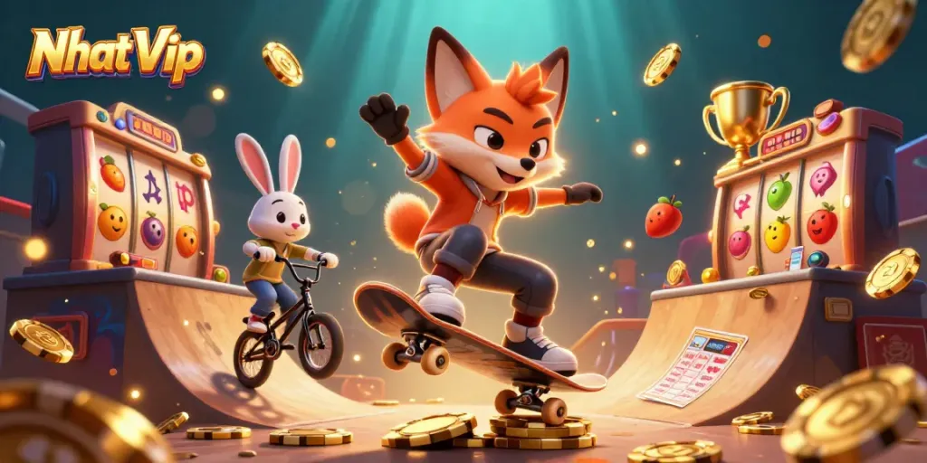 Nhat Vip showcases a thrilling illustration of a skateboarder fox and BMX rabbit amidst vibrant casino symbols.